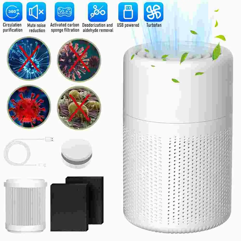 USB Plug-In Compact Air Purifier, 360° Circulation Purification, Activated Carbon Filter, Silent Mode Desktop Cleaner for Bedroom & Car, Removes Formaldehyde, Odor, Dust, Bacteria
