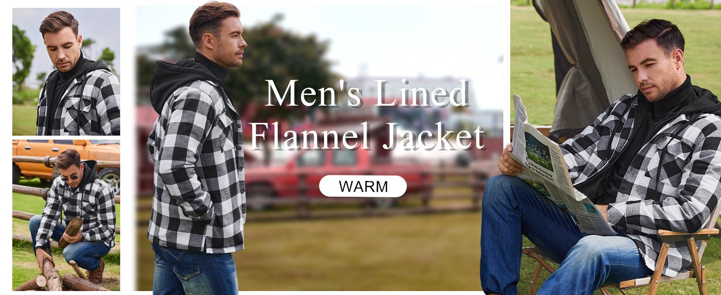 COOFANDY Men's Quilted Lined Flannel Shirt Jacket with Hood Long Sleeve Plaid Shirt Jacket