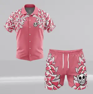 Hot new 2026 Full set Doflamingo Anime Hawaiian Shirt Shorts Men's Cosplay Harajuku Print Kid Beach Vacation Casual Breathable Shirt Set