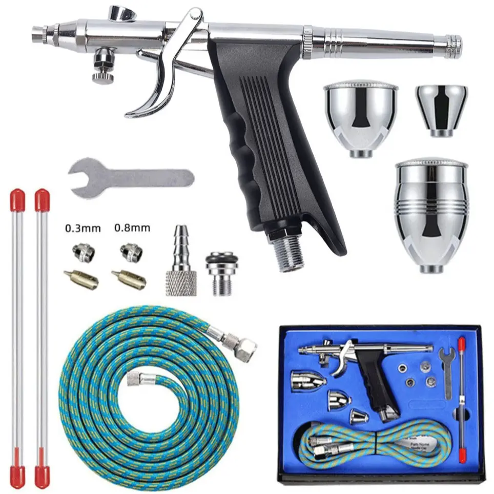 Dual-function spray gun set, trigger spray gun, airbrush kit with 0.3, 0.5, 0.8mm needles and nozzles, 2cc/5cc/13cc paint cups, air hose, for tattoos, cosmetics, nail art, models, no electric, Paint spraying tool, Spray painting tool