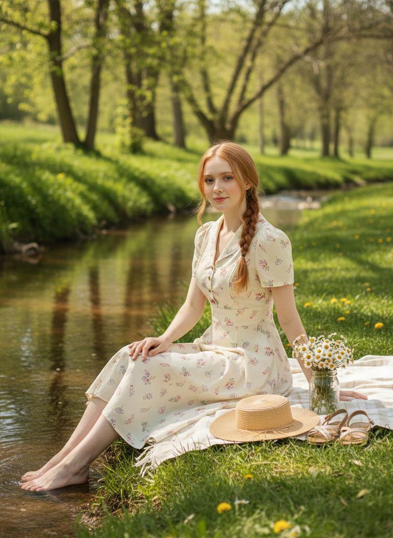 PURE COTTON BEIGE 1940S PUFF SLEEVES FLORAL DRESS Casual Womenswear Cute Summer Fitted Vneck Shortsleeve