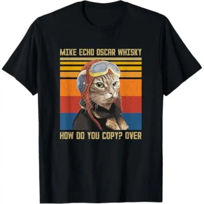 Men's Vintage Cat Pilot Cotton Short-Sleeve T-Shirt - Mike Echo Oscar Whisky How Do You Copy Print, Relaxed Fit Top