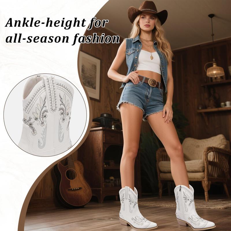 Rhinestone Ankle Cowboy Boots for Women Embroidered Short Cowgirl Boots with Low Heel Side Zipper Comfortable Chunky Heel Western Booties for Prom Party Wedding Pull On Shoe