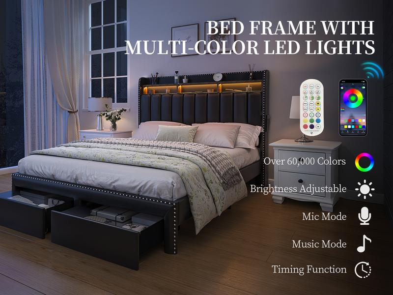 SIBEDS Queen LED Bed Frame with Storage Drawers Modern Platform Bed with 2-Tier Linen Upholstered Wingback Headboard Channel Tufted Rivet Detail No Box Spring Needed