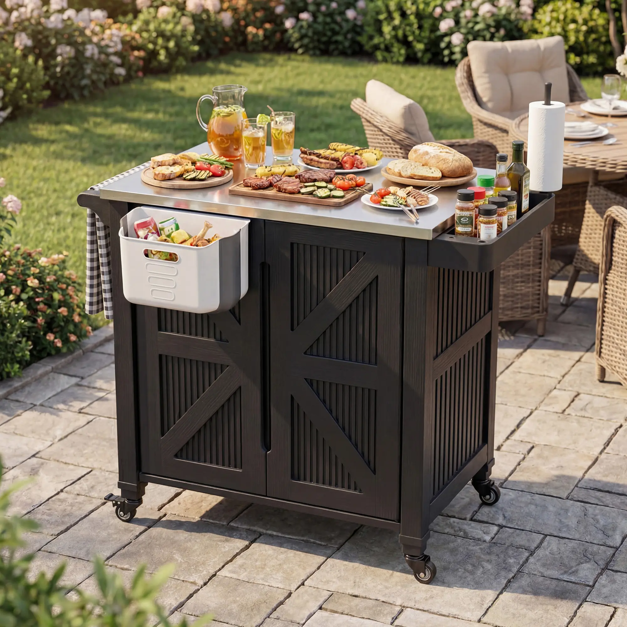 Polar Aurora Outdoor Grill Cart with Stainless Steel Top, Outdoor Kitchen Island BBQ Prep Table, 2-Tier Storage Cabinet, Rolling Utility Station with Hanging Trash Bin, Wheels, Side Shelf for Patio, Yard, Picnic