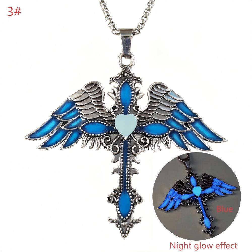 QIMENGLAI Winged Cross Luminous Pendant Necklace, Unique Versatile Eco-Plated Anti-Allergy Titanium Steel Chain, Glow-in-Dark Casual Wear Adjustable Gold Vacuum Birthstone Jewelry for Men Women