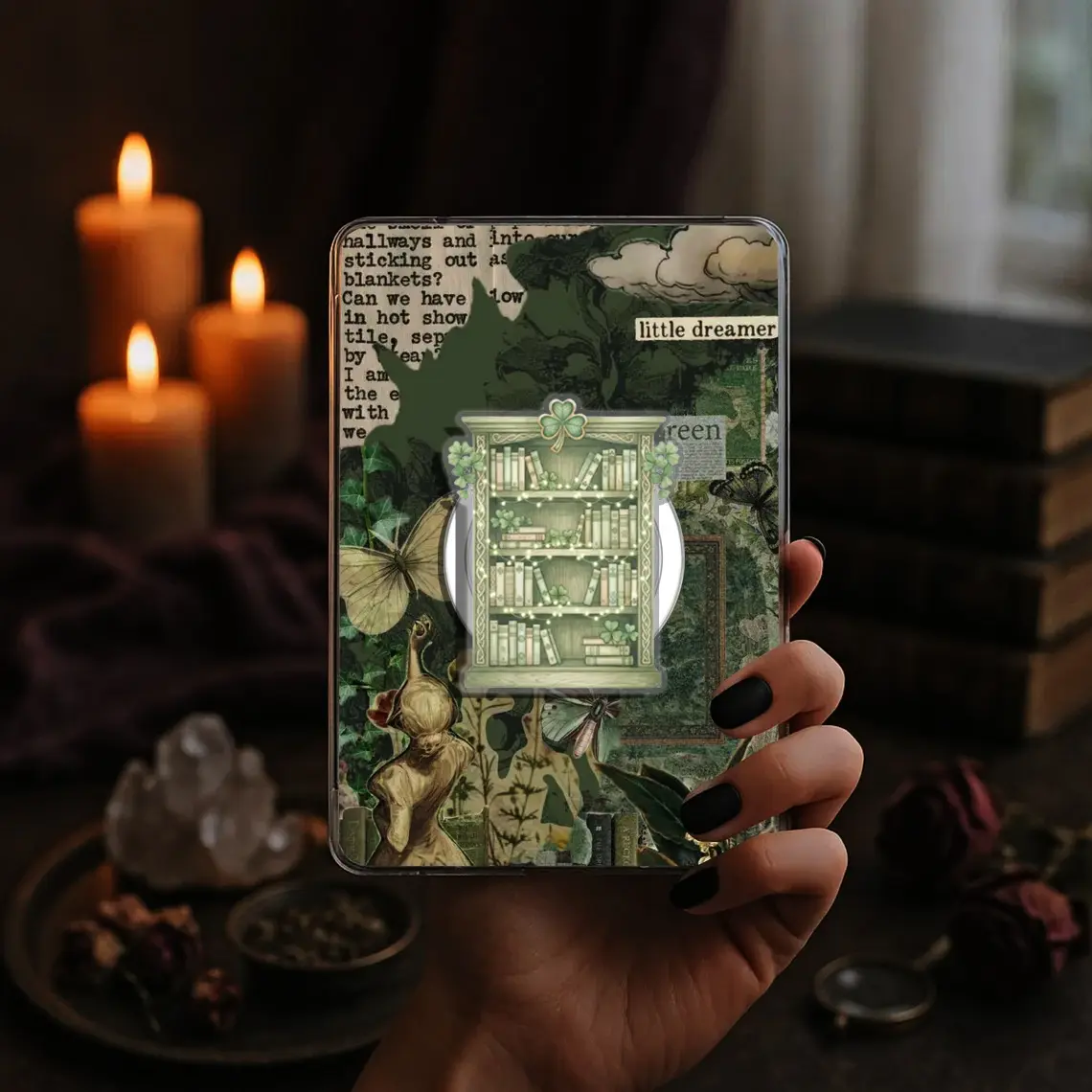 Green Clover Bookshelf Tall Bookcase Kindle Grip Saint Patrick's Day Book Bookish Green Clover Magnetic Kindle Grip Book Lover Kindle Accessories Phone Holder PopSocket Phone Grip Magnetic Pop Socket Phone Grip