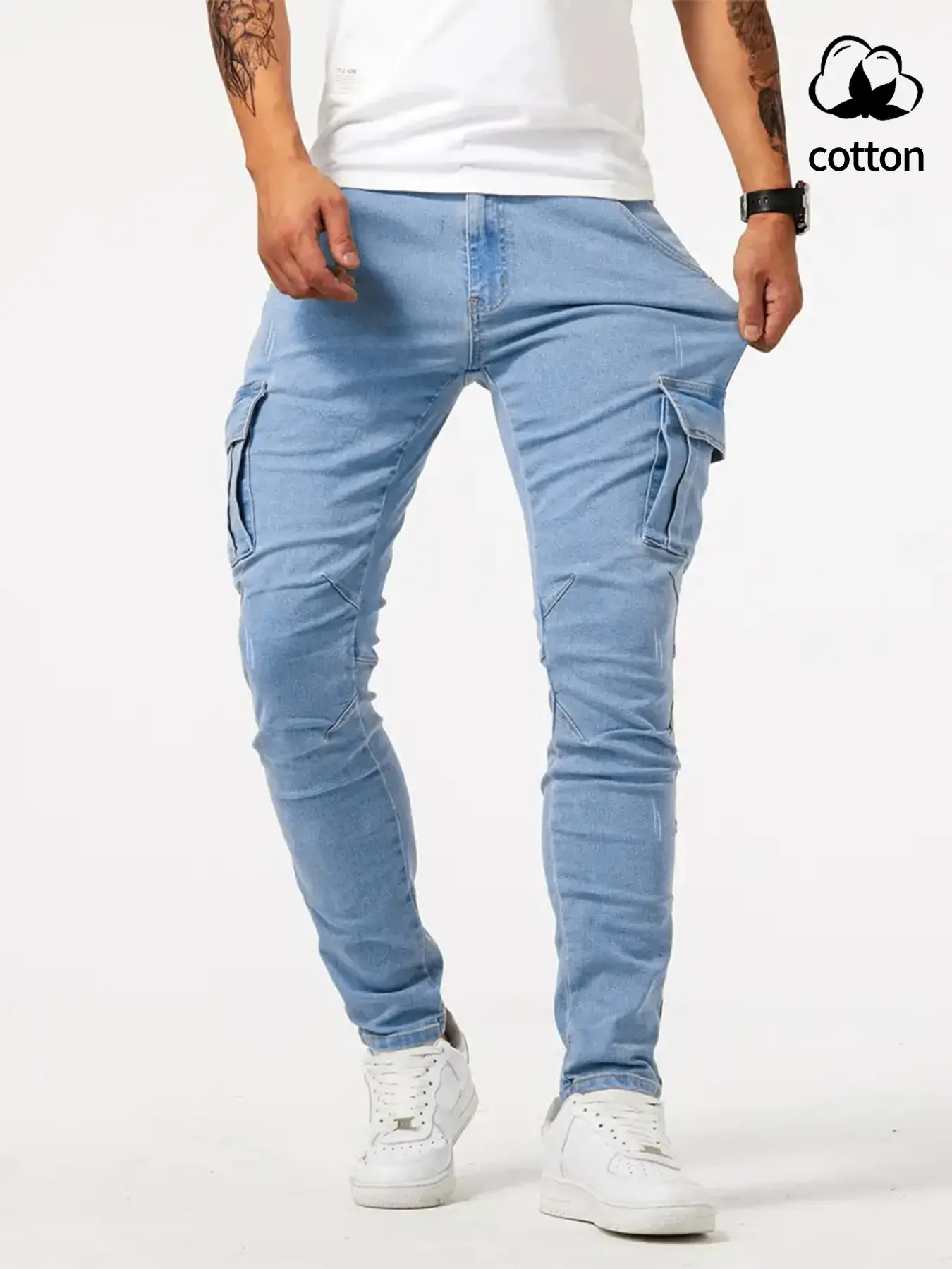 New men’s stretch denim jeans, multi-pocket cargo pants, casual slim-fit stretch denim jeans with side pockets, versatile trendy skinny stretch denim jeans Streetwear Slimfit