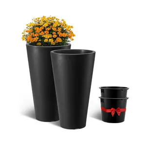 VEVOR Set of 2 Tall Planter For Outdoor Indoor Plants 24inch,  , Black Round Large Planters For Front Porch, Patio, Tall Taper Flower Tree Plant Pots with Modern Design and Built-in Drainage