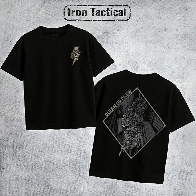 Iron Tactical Clean Up Crew Graphic Tee, Military CQB Operator Shirt, Skeleton  Special Forces SWAT Team Apparel, Unisex Casual Black Short Sleeve Shirt, Gift Men