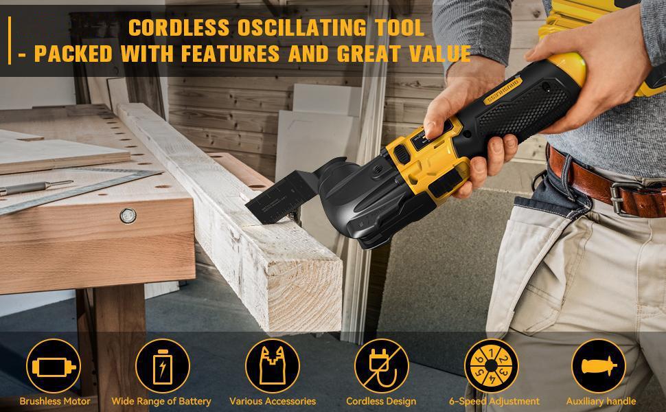 Cordless Oscillating Tool for Dewalt 20V Battery(NO Battery!),Portable Brushless Motor, 6 Variable Speed, Multi-Tool for Scraping,Sanding,Cutting Wood