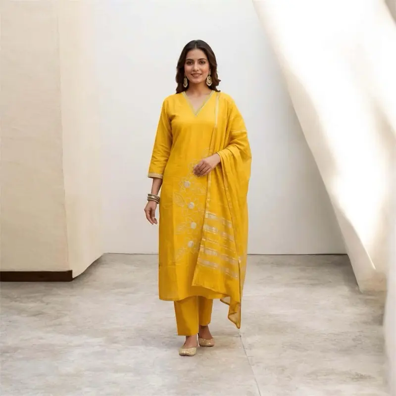 Roman Silk Kurta Set with Lining - Perfect for Casual Wear - Yellow Color