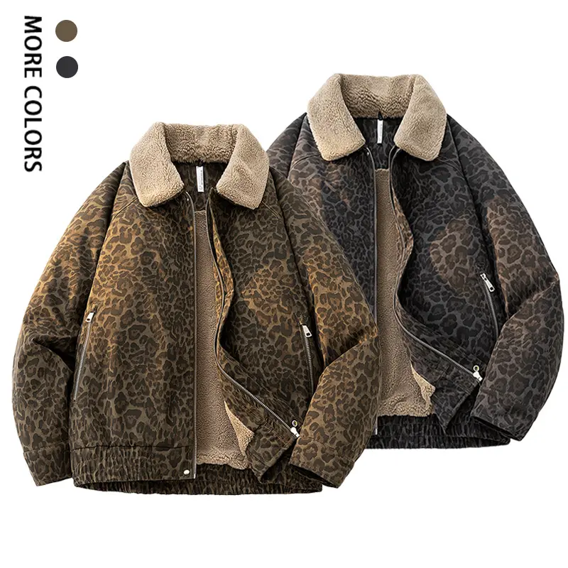 Men's new leopard print plush collar jacket in winter - a thick and warm street style trendy jacket; with a zipper-style front design, it is very suitable for daily casual wear; the loose version is suitable for men's wear, and it is an essential fashion,