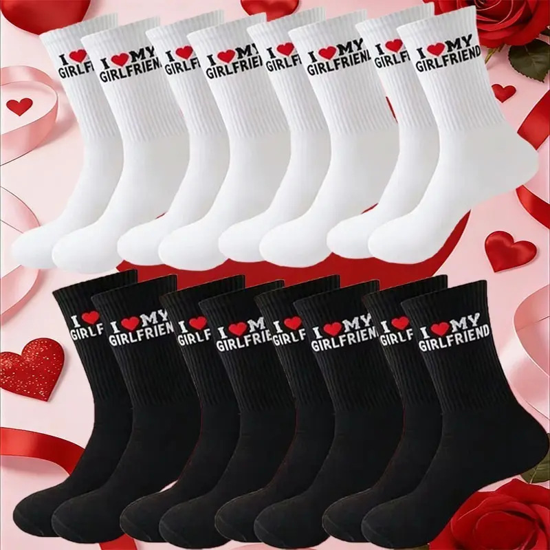 Women's Mid-Calf Letter Print Casual Socks, 1 Size Unisex, 2-Pair Black Set, Valentine’s Day Gift for Men & Women, Letter Print Socks, Valentines Day, Mid-Calf Socks