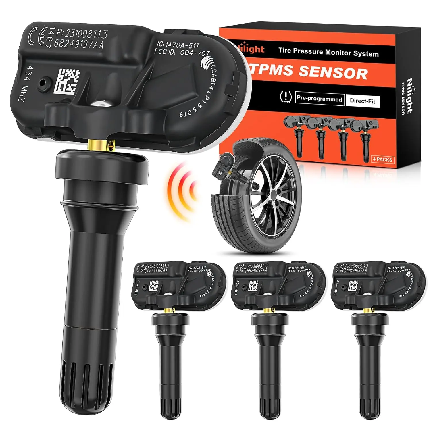 Nilight TPMS Sensor Compatible with 2014-2022 Jeep Cherokee & Ram 1500-5500 Tire Pressure Monitoring System 434MHz Pre-Programmed Direct-Fit Car Parts, 4-Pack