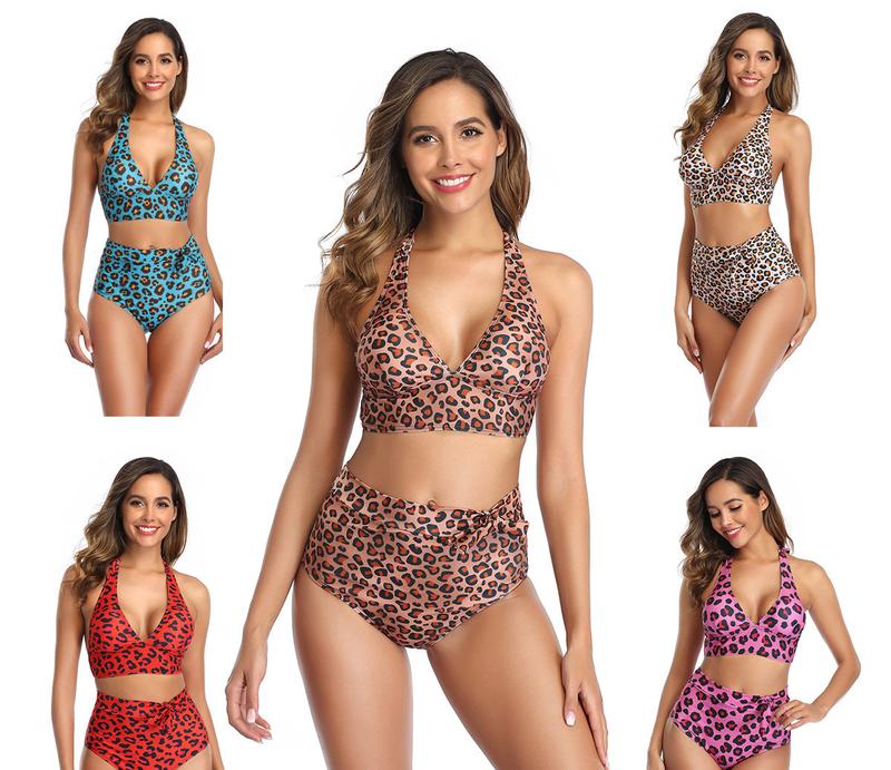 Bikini Ladies Sexy Large Size Leopard Print Split High Waist Halter Swimsuit AliExpress Cross-border