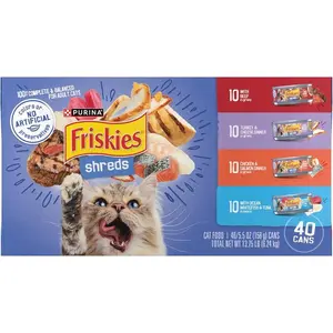 Purina Friskies Wet Cat Food Variety Pack, Shreds With Beef, Turkey and Cheese Dinner, Chicken and Salmon Dinner, and With Ocean Whitefish and Tuna - (Pack of 40) 5.5 oz. Cans