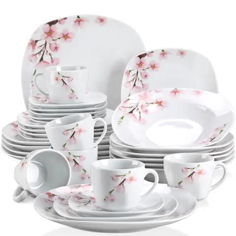 VEWEET Annie Cutlery Series Handcrafted Sturdy AB Grade Pottery Classic White Tableware Set with Blush Pink Floral, 4/6-Person (18/20/24/30 PCS) BPA-Free Kitchen Supplies Kit with Plates, Bowls, Cups for Daily Coffee, Tea Use