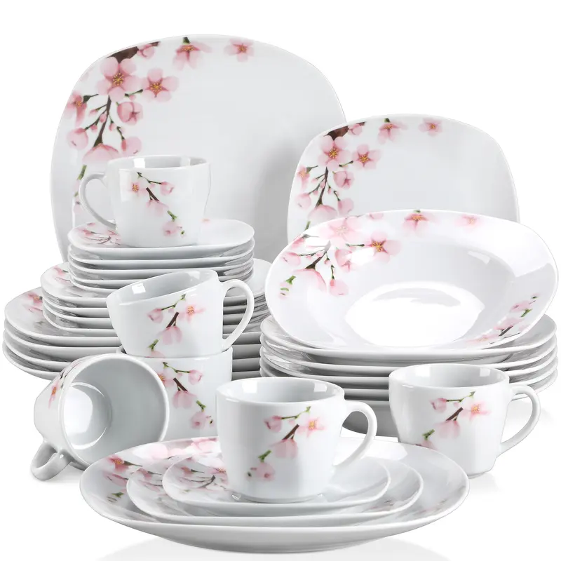 VEWEET Annie Cutlery Series Handcrafted Sturdy AB Grade Pottery Classic White Tableware Set with Blush Pink Floral, 4/6-Person (18/20/24/30 PCS) BPA-Free Kitchen Supplies Kit with Plates, Bowls, Cups for Daily Coffee, Tea Use