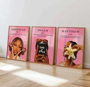 Set-of 3 Pink Coquette Bible Verse Poster Unframed , Christian Wall Art, Black Woman Art