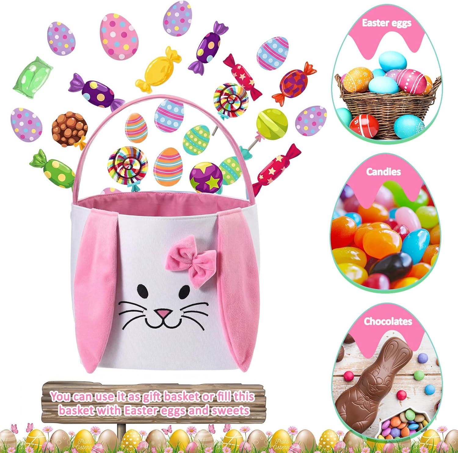 4/6 Pcs Easter Bunny Basket Easter Gift Bags Reusable Totes Bags Easter Eggs Basket for Egg Hunt,Easter Gift buckets for Student Adult Office Employee Coworker,Outdoor Church School Classroom Decorations,Spring Birthday Party Supplies