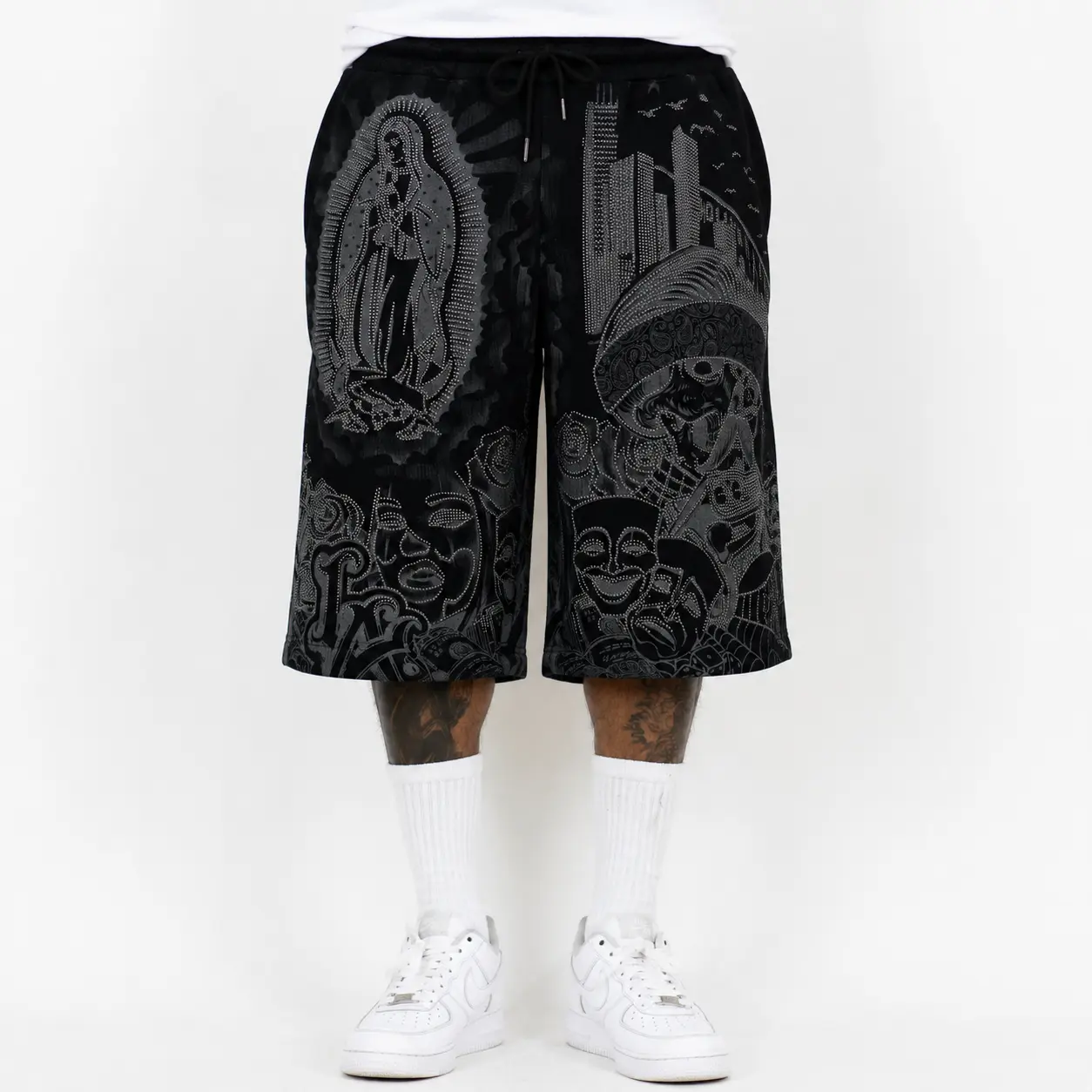 FB County Rhinestone Graffiti Baggy Fleece Shorts