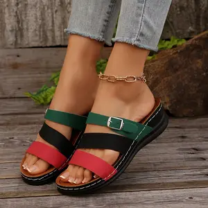 A4-Women's Open Toe Wedge Slide Sandals with Adjustable Buckle Fashion Color block Slip-On Platform Orthopedic Sandals Comfortable Walking Casual Summer Slippers
