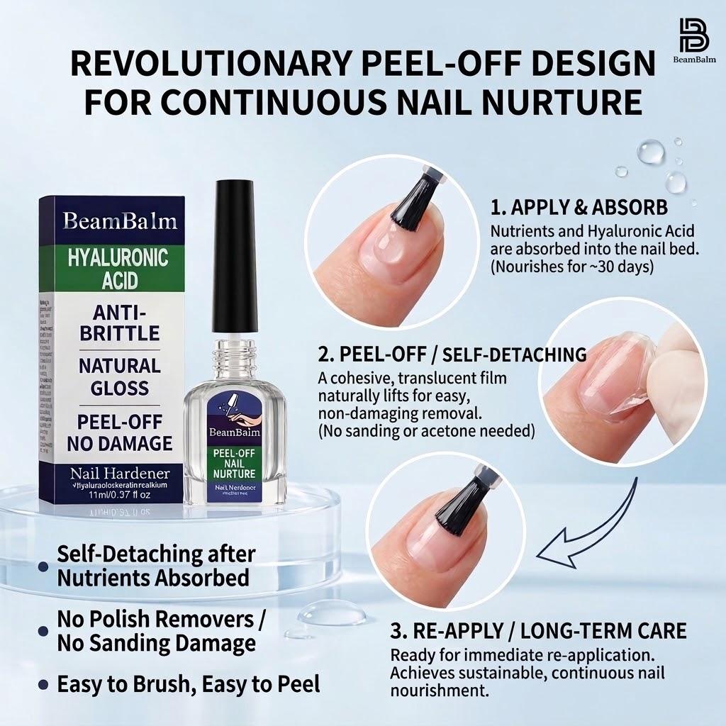 【Buy 1 Get 1 Free】BeamBalm 10-Second Quick-Drying Peel-Off Nail Strengthening Set - Formulated with sodium hyaluronate, it provides excellent nourishment for nails, creating a high-gloss, scratch-resistant manicure effect without the need for a UV lamp.