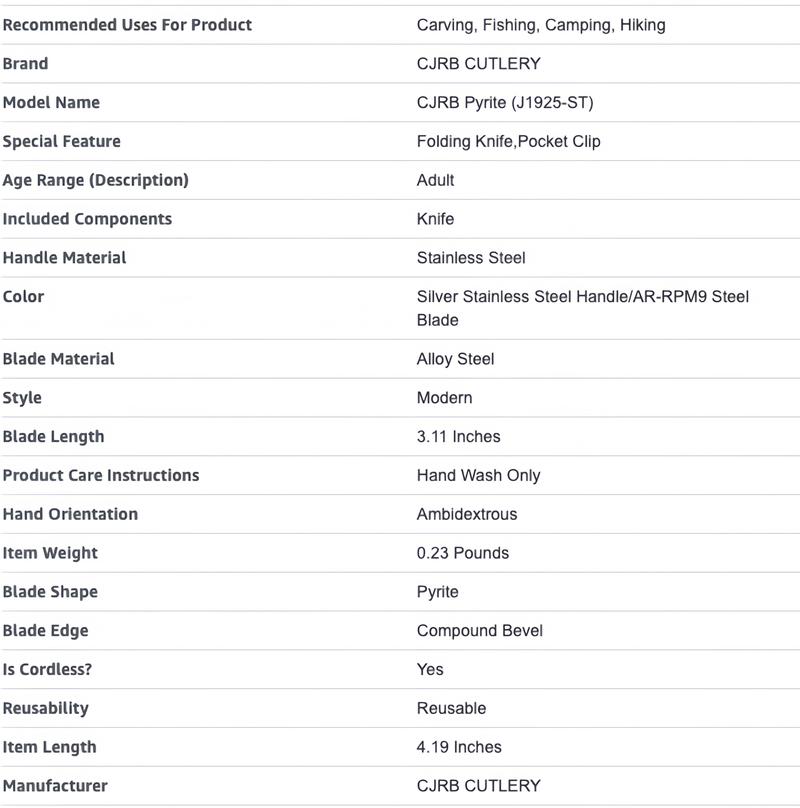 CJRB Pyrite Pocket Tool Knife AR-RPM9 Steel Blade Stainless Steel Hand EDC Folding Knife for Everyday Carry Survival Tools and Emergency Survival Gear