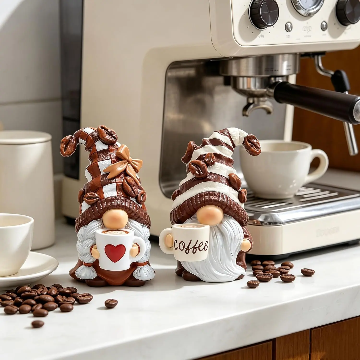 Hodao 2PCS Resin Coffee Gnome Figurines with Mug - Coffee Bar Accessories, Kitchen Tiered Tray Decor, Farmhouse Shelf Ornament, Unique Gift for Women, Kitchen Decor