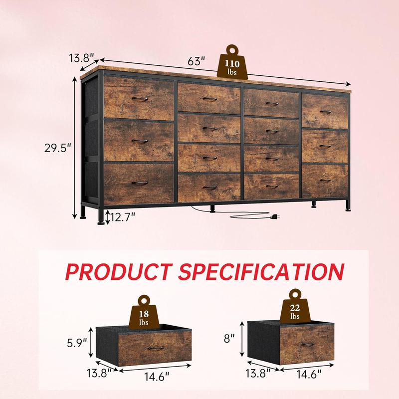 14 Drawer Dresser, 63 in Fabric Dresser TV Stand with Power Outlet for 65 70 75 in TV, Long Entertainment Center for Bedroom, Closet, Living Room, Entryway