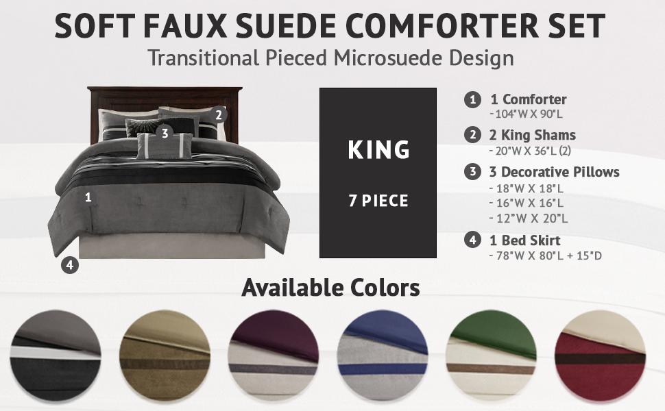 Madison Park Palmer 7 Piece Comforter Set - Faux Suede Design, Striped Accent, All Season Bedding