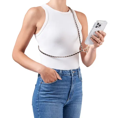 Case-Mate Universal Phone Strap Holder - Gold/Black Gold Chain with Black Leather Edge, Cellphone Lanyard Crossbody for Women, On-the-Go Hands-Free Mobile Accessory