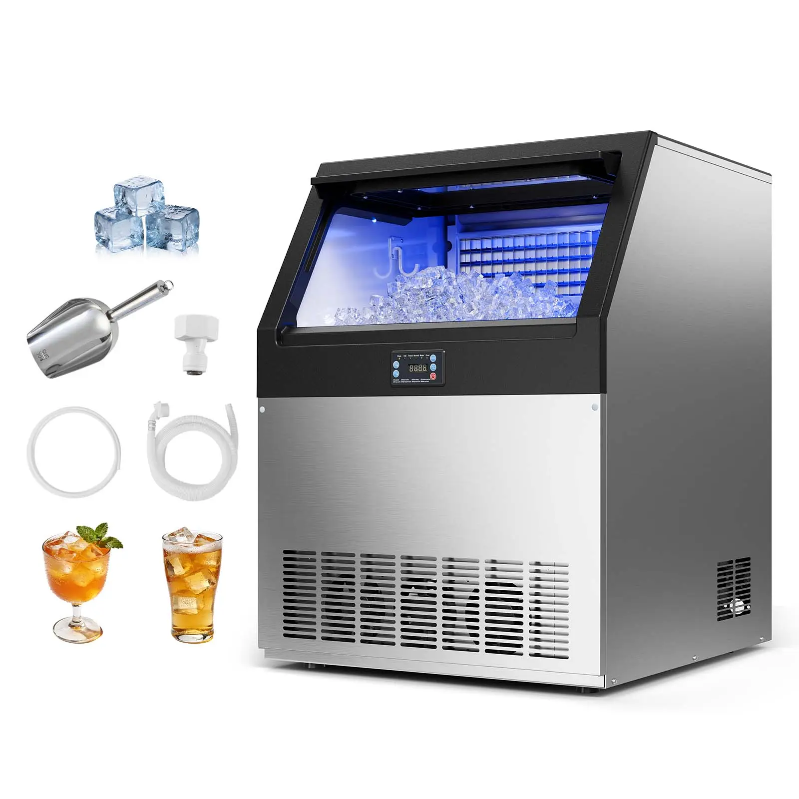 【Summerfinds】VEVOR Commercial Ice Maker Machine, 300 lbs/24h with 85 lbs Storage Capacity, Built-in/Freestanding/Under Counter, Stainless Steel Ice Maker with LED Display & Self-Cleaning, for Home Bar Restaurant, Efficient Ice Output