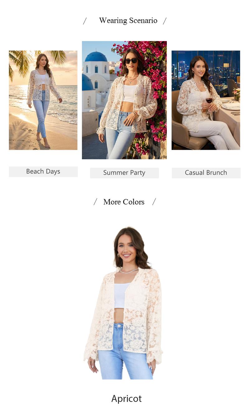 Chicovar Women’s  Floral Lace Sheer Blouse, Long Sleeve Button Front Mesh Top with Drawstring Cuffs, Lightweight Romantic Overlay Shirt,Perfect for Date Night, Party, Casual, or Vacation