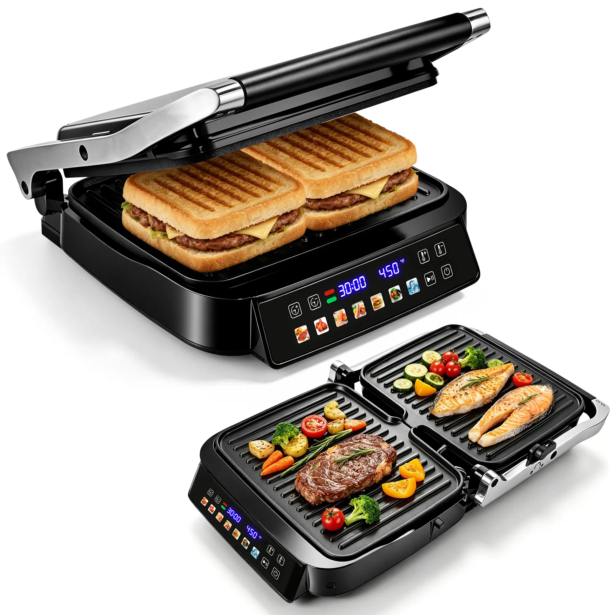 Pukomc 1500W Power Corded Electric Panini Press & Nonstick Grill - 180° Adjustable Temp Control, Cool Touch Handle, Removable Non-Stick Coating Plates, Easy-Clean Tabletop Design, Safe Home Cooking Appliance for Steak