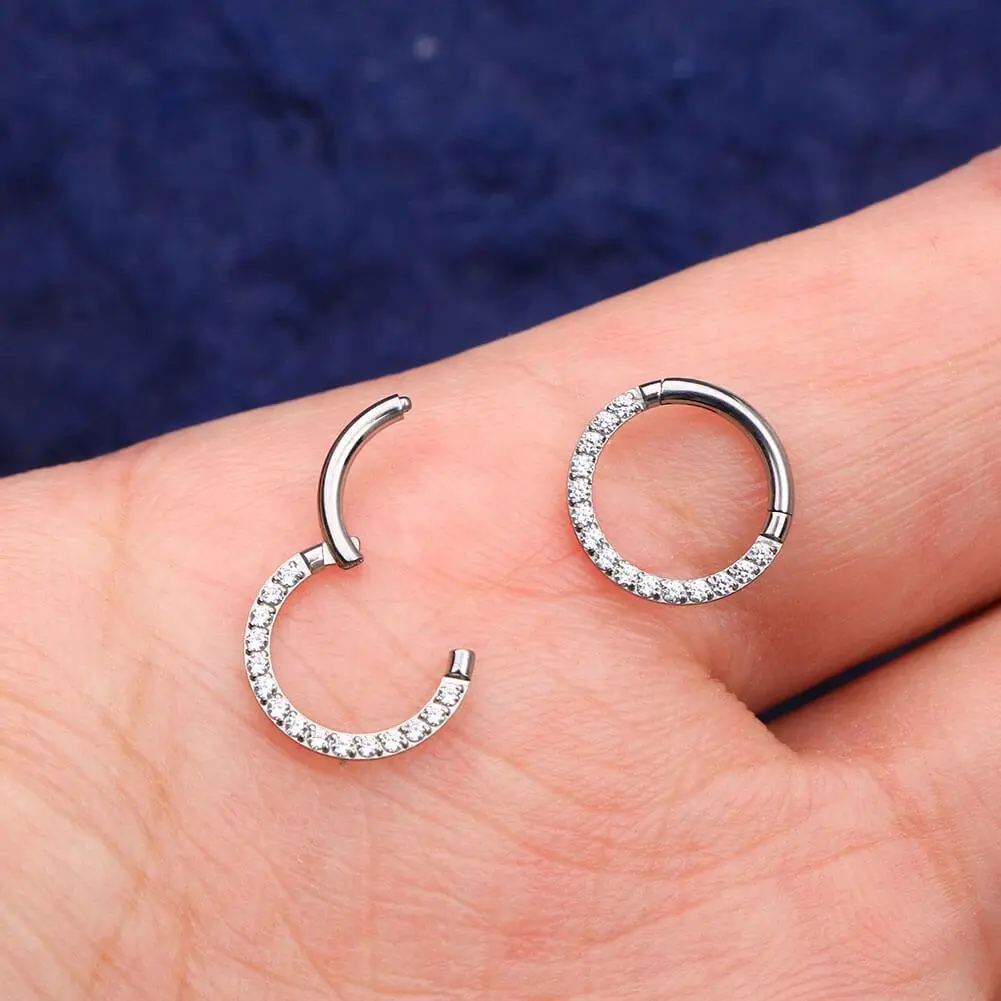 OUFER BODY JEWELRY 16G F136 Titanium Hinged Segment Hoop, Cubic Zirconia Paved Septum Piercing Jewelry for Female, Helix Pierced Ring - 6/8/10mm, Cz Beads, Segmented