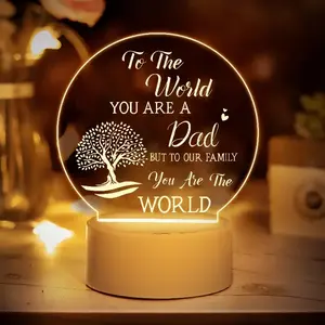 Dad Acrylic Night Light - Round Tree of Life Engraved LED Lamp with "To The World You Are A Dad" Message, Pink Farmhouse Style Decor for Bedroom, Birthday Gift, Small Festive Party Door Hanger Wreath
