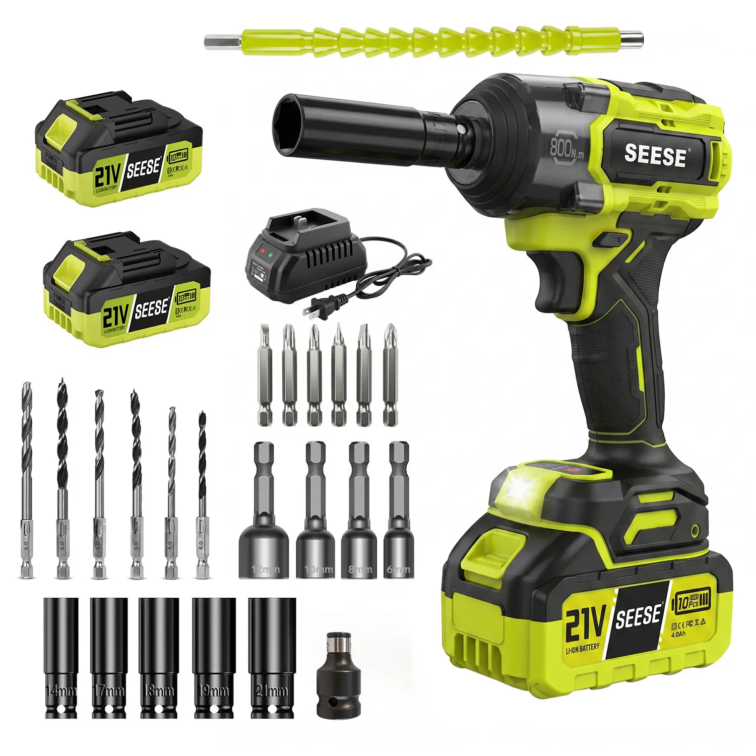 SEESE 3 in 1 Cordless Impact Wrench 590 FT-LBS(800N.m) 3200IPM 1/2 Impact Gun High Torque Electric Impact Driver Cordless Impact Wrench with 21V 2 x3.0Ah Battery ,LED Light,9 Sockets,6 Drills,6 Screws & Case for HomeCar Tire Lug Nut fathe