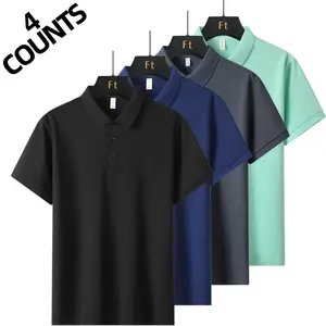 Four solid-color men’s polo shirts in a business-casual style featuring a classic turn-down collar design with refined button detailing. Short sleeves offer a versatile fit for multiple seasons, while the smooth, drapey fabric resists wrinkles. A slim sil