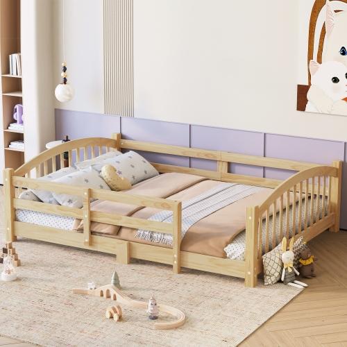 [Bellemave]Twin/Full Montessori Floor Bed with Slats and Safety Guardrails, Solid Wood Floor Bed with Fence and Without Door, Easy Assemble Montessori Bed for Girls and Boys,