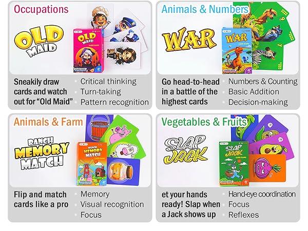 Upgraded Kids Card Games Pack, 6 Decks, Go Fish, Old Maid, Crazy Eights, Memory Match, Slap Jack, War, Playing Cards,