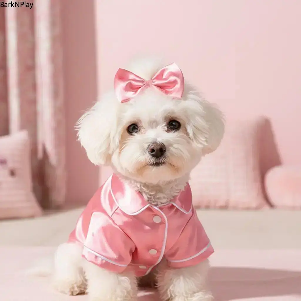 Soft Silk Cute Animal Pajama Set with Bow Headband - Extra Small Puppy Clothes for Small Dogs & Cats, Pink Nightwear, Cozy, Comfortable Nights, Restful Nights, 1 Set, Adorable Design