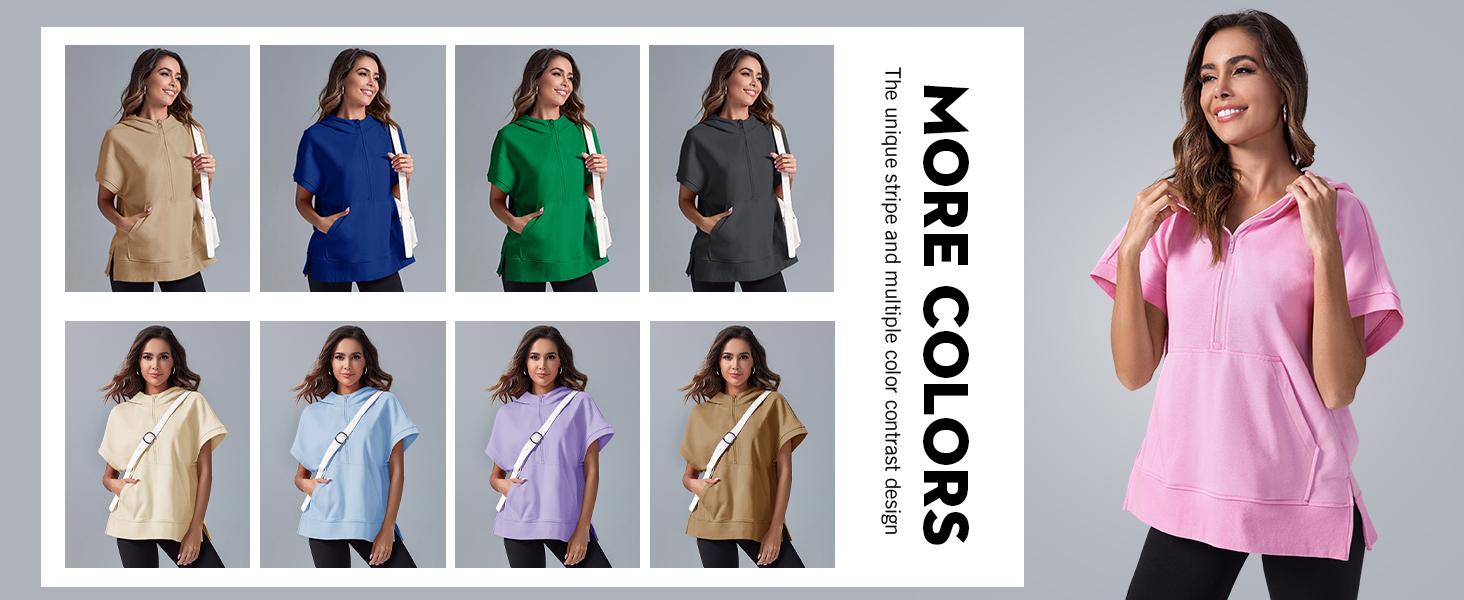 FISOEW Womens Oversized Half Zip Hoodies Short Sleeve Casual Sweatshirts Pullover Tops with Pockets Leggings Loose Aesthetic parke mockneck sweatshirt comfort sweatshirts denim tear hoodie FallFreshness #Springtok #TikTokShopJumpstartSale