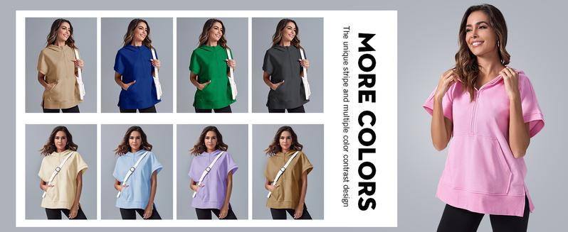 FISOEW Womens Oversized Half Zip Hoodies Short Sleeve Casual Sweatshirts Pullover Tops with Pockets Leggings Loose Aesthetic parke mockneck sweatshirt comfort sweatshirts denim tear hoodie FallFreshness #Springtok #TikTokShopJumpstartSale