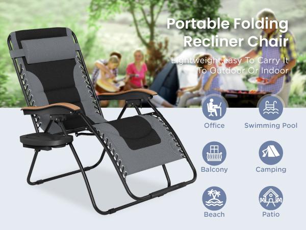 PHI VILLA  Oversized Padded Zero Gravity Chair, 26''/28''/30" Wide Foldable Patio Recliner, Anti Gravity Lounger with Cup Holder, 400 LBS Weight Capacity
