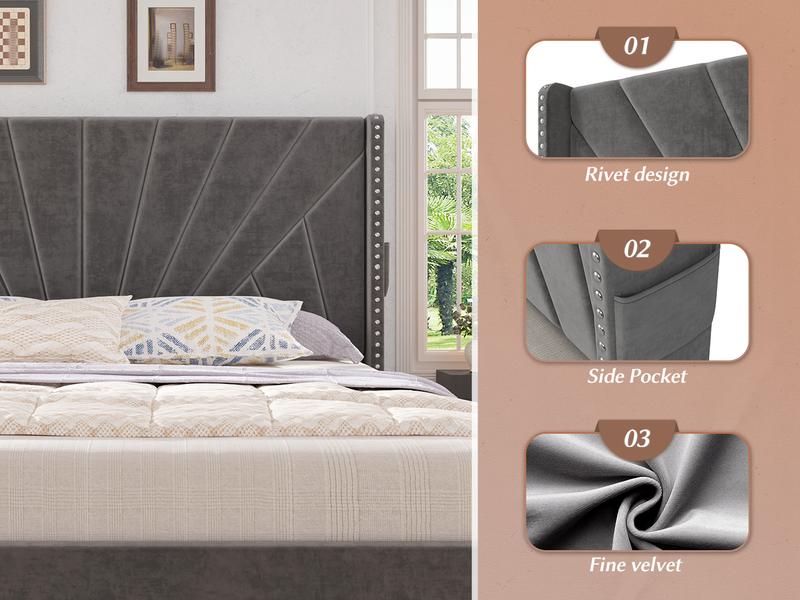 Raybee Full/ Queen/King Size Bed Frame with 51" Velvet Upholstered Headboard, up to 900 LBS ,Platform Bedframe with Charging Station and LED Lights, Wingback Headboard, No Box Spring Needed, Noise-Free[Black Friday]