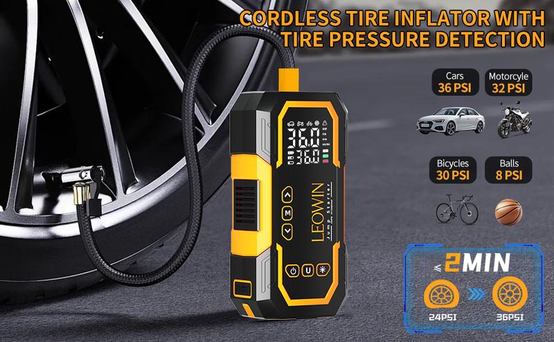 Jump Starter with Air Compressor, Battery Jumper Starter Portable(9.0 Gas/6.5L Diesel) with Tire Inflator, 12V Car Battery Jump Starter with Smart Jumper Cables, LED Light, LCD Display, Car Accessories Tools