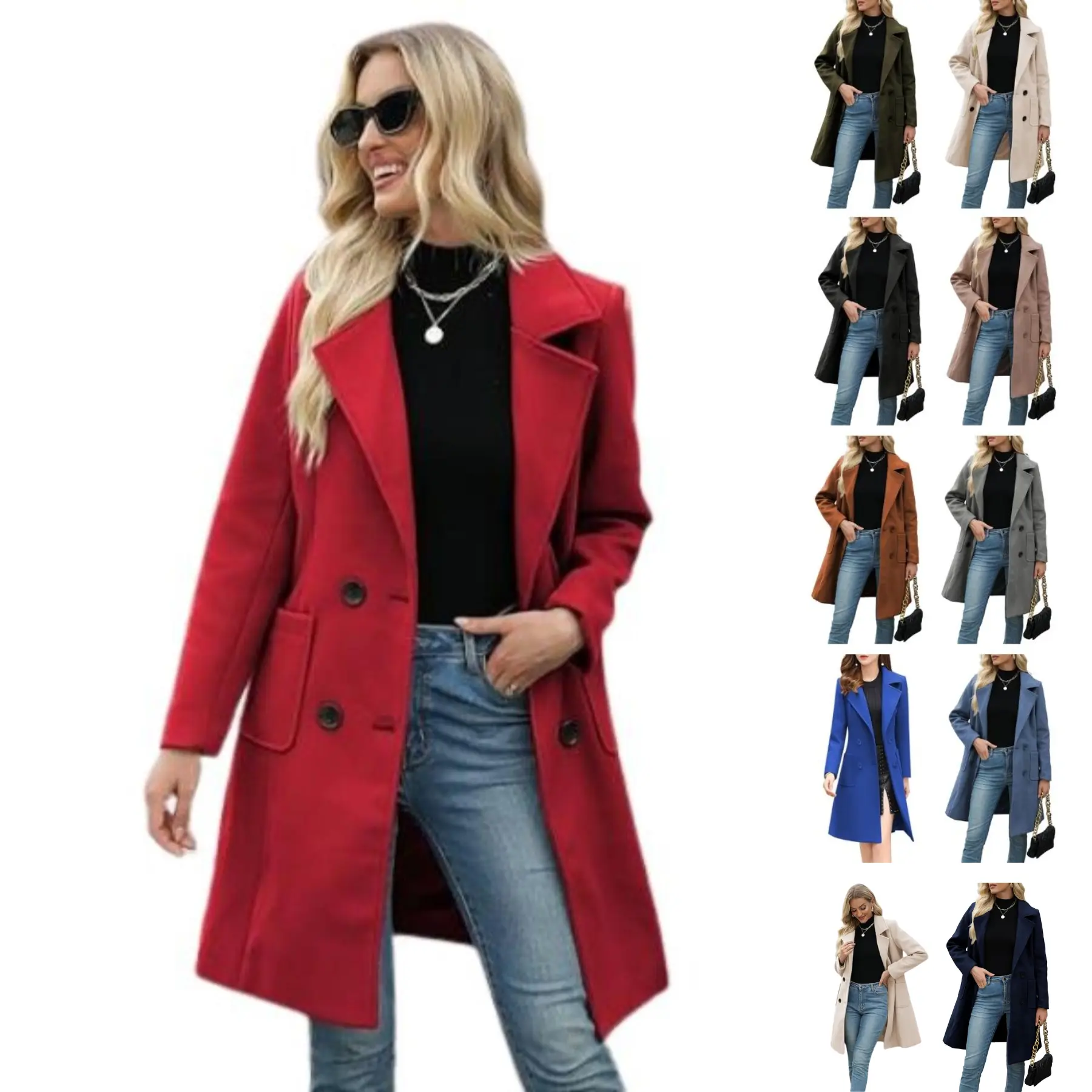 SCUSTY Women Winter Wool Blend Camel Mid-Long Coat Notch Double-Breasted Lapel Jacket Outwear