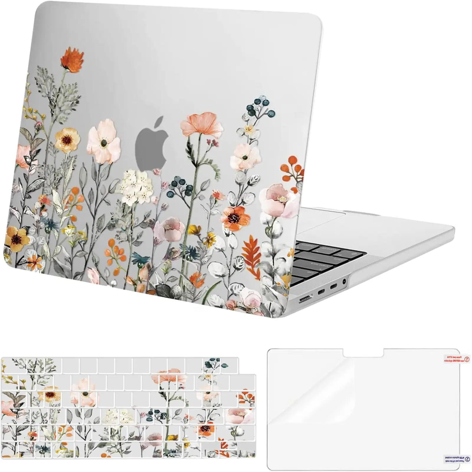 MOSISO Polycarbonate Multi-Protection Scratch Guard Laptop Case for MacBook Pro 14 inch Specific Models (2021-2026 M1-M5, A2442 A2779 A2918 A2992 A3112 A3185 A3401 A3426 A3427), Garden Flowers Shell Case with Keyboard Cover & Screen Film, Transparent